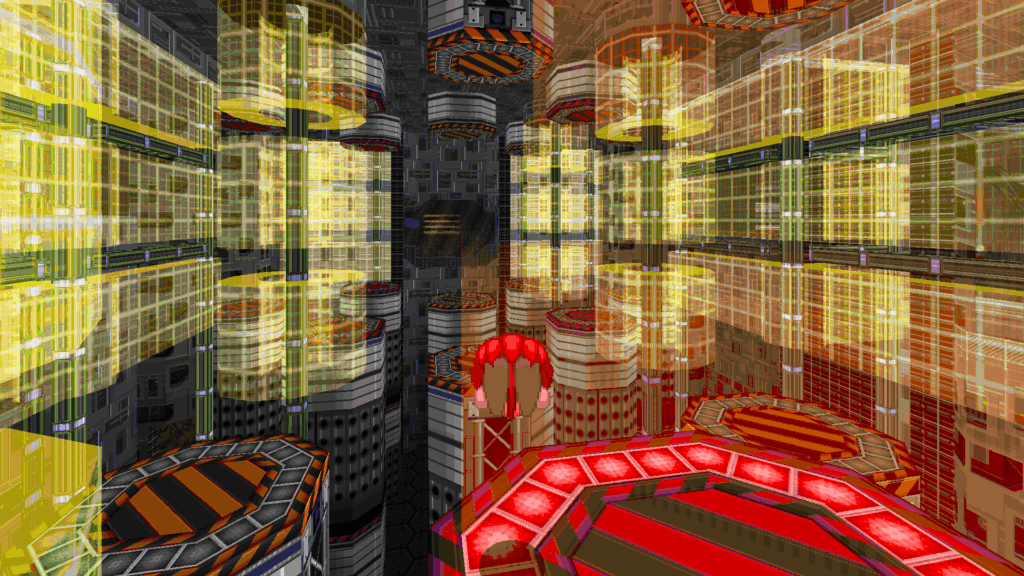 Egg Rock Zone act 1, in development. Knuckles is in a room full of vertical crushers, interwined by laser-emitting pillars.